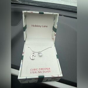Sterling Silver Initial Charm Necklace in Holiday Ornament with Cubic Zirconia